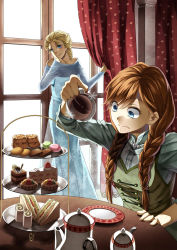 Rule 34 | 2girls, anna (frozen), black tea, blonde hair, blue eyes, braid, brown hair, cake, cake slice, cup, curtains, dress, elsa (frozen), food, frozen, frozen (disney), fruit, highres, hoshiyoruno, indoors, long hair, looking at another, looking back, macaron, multiple girls, orange hair, pastry, plate, prank, sandwich, saucer, siblings, sisters, sitting, snowflakes, standing, strawberry, strawberry shortcake, surprised, table, tea, teacup, teapot, tiered serving stand, tiered tray, twin braids, wafer stick, window