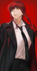 Rule 34 | 1girl, absurdres, black necktie, black suit, boony2789, braid, braided ponytail, brown hair, chainsaw man, facing viewer, formal, highres, looking afar, makima (chainsaw man), necktie, red background, ringed eyes, shirt, standing, suit, white shirt, yellow eyes