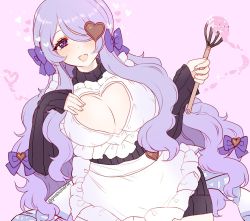 Rule 34 | 1girl, alternate costume, apron, bad id, bad twitter id, bow, breasts, camilla (fire emblem), cleavage, cleavage cutout, clothing cutout, cosplay, fire emblem, fire emblem fates, hair bow, hair over one eye, heart, heart-shaped pupils, heart cutout, large breasts, long hair, long sleeves, narumeia (cosplay), nintendo, open mouth, pink background, plushcharm, purple bow, purple eyes, purple hair, simple background, solo, symbol-shaped pupils, twitter username, whisk