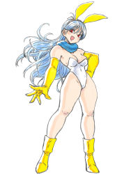 Rule 34 | 1girl, absurdres, alternate costume, animal ears, blue hair, boots, breasts, cleavage, covered navel, dragon quest, dragon quest iii, elbow gloves, fake animal ears, fake tail, gloves, hairband, hand on own hip, highleg, highleg leotard, highres, leotard, long hair, medium breasts, open mouth, playboy bunny, rabbit ears, rabbit tail, red eyes, sage (dq3), scarf, simple background, smile, solo, tail, toshinoshin, white background, white leotard, yellow footwear, yellow gloves