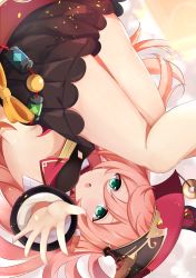 Rule 34 | 1girl, absurdres, black bloomers, bloomers, day mello, genshin impact, green eyes, hat, highres, long hair, looking at viewer, midriff, open mouth, outstretched arm, pink hair, reaching, reaching towards viewer, red headwear, thighs, underwear, upside-down, yanfei (genshin impact)