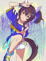 Rule 34 | 1girl, animal ears, aqua nails, bare shoulders, bead bracelet, beads, belt, blue footwear, boots, bracelet, clothing cutout, commentary request, daitaku helios (umamusume), ear covers, ear piercing, grin, hair between eyes, hair ornament, hairclip, highres, horse ears, horse girl, horse tail, jewelry, leg up, midriff, multicolored hair, multicolored nails, necklace, piercing, shorts, shoulder cutout, side ponytail, smile, solo, streaked hair, tail, umamusume, w, wa (wamizest7), white shorts, yellow belt, yellow eyes