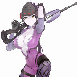 Rule 34 | 1girl, arm behind head, arm up, armor, armpits, asymmetrical clothes, black gloves, black hair, bodysuit, breasts, breasts apart, center opening, cleavage, colored skin, contrapposto, cowboy shot, expressionless, from side, gloves, grey skin, gun, head-mounted display, helmet, high ponytail, holding, holding gun, holding weapon, jorin, large breasts, long hair, looking at viewer, no bra, over shoulder, overwatch, overwatch 1, ponytail, purple hair, rifle, simple background, sniper rifle, solo, standing, thigh strap, vambraces, very long hair, visor, weapon, weapon over shoulder, white background, widowmaker (overwatch), yellow eyes