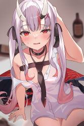 Rule 34 | 1girl, absurdres, black collar, black necktie, black ribbon, black thighhighs, blurry, blush, bottle, breasts, collar, collarbone, colored inner hair, commentary request, depth of field, fang, gabuchi, gradient hair, hair ornament, hair ribbon, hand on own head, hand up, highres, hololive, horns, jacket, long hair, looking at viewer, medium breasts, multicolored hair, nakiri ayame, nakiri ayame (streetwear), necktie, no bra, no pants, off shoulder, open mouth, pink hair, red eyes, ribbon, see-through, see-through shirt, shirt, sitting, skin-covered horns, sleeveless, sleeveless shirt, solo, straight-on, streaked hair, sweat, thighhighs, two side up, unbuttoned, unbuttoned shirt, unworn jacket, virtual youtuber, white hair, white horns, white shirt, wine bottle