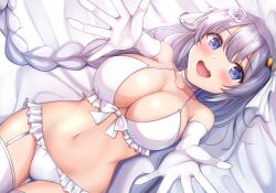 Rule 34 | 1girl, :d, bed sheet, blue eyes, blush, bra, breasts, bridal gauntlets, bridal lingerie, bridal veil, cleavage, collarbone, commentary request, elbow gloves, flower, garter straps, gloves, grey hair, hair flower, hair ornament, highres, kizuna akari, large breasts, lingerie, long hair, looking at viewer, lying, on back, open mouth, outstretched arms, panties, ritz10 (benben), smile, solo, teeth, thighhighs, underwear, upper teeth only, veil, voiceroid, white bra, white gloves, white panties, white thighhighs