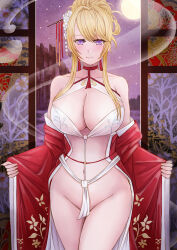 Rule 34 | 1girl, azur lane, bare shoulders, blonde hair, blush, breasts, chinese clothes, choker, cleavage, collarbone, cowboy shot, dress, flower, full moon, glorious (azur lane), glorious (pungent plum) (azur lane), hair between eyes, hair bun, hair flower, hair ornament, hair stick, highres, huge breasts, indoors, japanese clothes, kimono, long hair, long sleeves, looking at viewer, moon, night, night sky, no panties, official alternate costume, official alternate hairstyle, open clothes, open dress, purple eyes, red choker, red kimono, revealing clothes, sai-go, single hair bun, sky, smile, solo, standing, star (sky), starry sky, undressing, white flower, wide sleeves