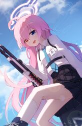 Rule 34 | 1girl, absurdres, blue archive, blue eyes, gleam lin shi, heterochromia, highres, hoshino (blue archive), long sleeves, looking at viewer, open mouth, outdoors, pink hair, smile, solo