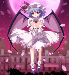 Rule 34 | 1girl, absurdres, bad id, bad pixiv id, bat wings, blue hair, dress, female focus, full body, full moon, hat, highres, marotti, moon, nature, outdoors, outstretched hand, pink dress, plant, red eyes, remilia scarlet, scarlet devil mansion, sky, smile, solo, touhou, wings