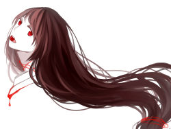Rule 34 | 1girl, 842370721, blood, brown hair, head tilt, highres, long hair, mouth hold, original, red eyes, solo, string, white background, youli (yori)