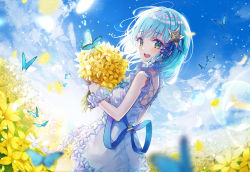 Rule 34 | 1girl, :d, blue butterfly, blue hair, blush, bouquet, breasts, bug, butterfly, commentary request, copyright request, cowboy shot, day, dress, eumi 114, field, flower, flower field, flower trim, green eyes, hair ornament, highres, holding, holding bouquet, insect, korean commentary, looking at viewer, medium breasts, open mouth, outdoors, sky, sleeveless, sleeveless dress, smile, solo, standing, star (symbol), star hair ornament, virtual youtuber, white dress, wrist cuffs, yellow flower