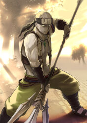 Rule 34 | 1boy, bald, bandaged wrist, bandages, bandana, blurry, blurry background, commentary request, holding, holding polearm, holding weapon, jas (kda10457), jewelry, looking at viewer, muscular, muscular male, mushoku tensei, necklace, open clothes, open vest, outdoors, pants, polearm, ruijerd superdia, sandals, scar, scar on face, scar on stomach, sky, solo, tooth necklace, vest, weapon, yellow eyes, yellow pants, yellow sky, yellow vest