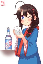 Rule 34 | 1girl, ahoge, awamori (liquor), blue eyes, blush, bow, braid, brown hair, character request, closed mouth, commentary request, dated, graphite (medium), hair bow, hair flaps, hair ornament, hair over shoulder, highres, holding, ice, ice cube, kanon (kurogane knights), kantai collection, long hair, long sleeves, looking at viewer, mixed media, product placement, shigure (kancolle), shigure kai ni (kancolle), single braid, smile, solo, split mouth, traditional media, wide sleeves