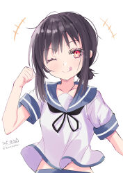 Rule 34 | 1girl, absurdres, artist name, black hair, black neckerchief, blue sailor collar, breasts, fubuki (kancolle), highres, hizaka, kantai collection, low ponytail, medium breasts, neckerchief, one-hour drawing challenge, red eyes, sailor collar, sailor shirt, shirt, short ponytail, short sleeves, sidelocks, simple background, solo, tongue, tongue out, upper body, white background, white shirt