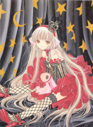 Rule 34 | 00s, 1girl, bare shoulders, black thighhighs, blonde hair, brown eyes, chii, chobits, choker, clamp, crescent, crown, curtains, dress, fishnet thighhighs, fishnets, freya, freya (chobits), hair tubes, hat, high heels, highres, lace, lace-trimmed legwear, lace trim, layered dress, long hair, looking at viewer, parted lips, red footwear, scan, shoes, sitting, solo, spoilers, star (symbol), star print, stuffed animal, stuffed toy, thighhighs, very long hair