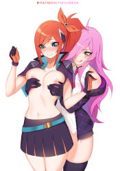 Rule 34 | 2girls, ahoge, battle academia katarina, battle academia lux, belt, blue eyes, blush, grabbing another&#039;s breast, breasts, capelet, censored, commentary, cowboy shot, english commentary, gloves, grabbing, grabbing from behind, hair ornament, hood, hoodie, jacket, katarina (league of legends), league of legends, licking lips, long hair, long sleeves, lux (league of legends), medium breasts, multiple girls, navel, necktie, nipples, open clothes, pink hair, ponytail, red hair, scar, scar across eye, scar on face, school uniform, simple background, skirt, standing, thighhighs, tofuubear, tongue, tongue out, uncensored, white background, yuri