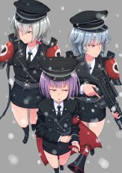 Rule 34 | 3girls, bird, black coat, black footwear, black headwear, black neckwear, black skirt, boots, bow, braid, broken heart print, chicken, closed mouth, coat, collared shirt, commentary request, cookie (touhou), ein (cookie), eyes visible through hair, full body, geru futota, green bow, grey background, gun, hair between eyes, hair bow, hat, highres, holding, holding gun, holding weapon, izayoi sakuya, long sleeves, looking to the side, megaphone, military, military hat, military uniform, miniskirt, multiple girls, necktie, no arms, open mouth, peaked cap, purple eyes, purple hair, red bow, remilia scarlet, rifle, s ibane, shirt, short hair, silver hair, simple background, single braid, skirt, sniper rifle, snowing, standing, tentacles, touhou, twin braids, uniform, weapon, white shirt, wing collar, zwei (cookie)