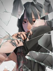 Rule 34 | 1girl, app filter, black eyes, black hair, black nails, black shirt, broken glass, from side, glass, glass shards, highres, holding own arm, jewelry, long hair, mole, mole under eye, multiple rings, natsu kumo719, original, print shirt, red lips, refraction, ring, shards, shirt, simple background, solo, straight hair, t-shirt, upper body, white background