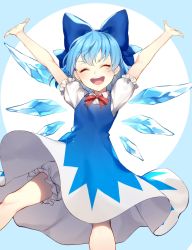 Rule 34 | 1girl, ^ ^, arms up, bloomers, blue bow, blue dress, blue hair, bow, cirno, closed eyes, collared shirt, commentary request, dress, feet out of frame, flat chest, hair bow, highres, jill 07km, light blue background, neck ribbon, open mouth, puffy short sleeves, puffy sleeves, red ribbon, ribbon, shirt, short hair, short sleeves, simple background, smile, solo, teeth, touhou, two-tone background, underwear, upper teeth only, v-shaped eyebrows, white background, white shirt