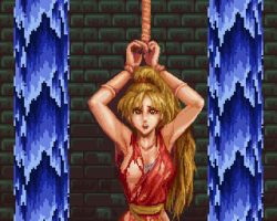 Rule 34 | 1girl, animated, animated gif, bdsm, beaten, bondage, bound, breasts, brown hair, defeat, final fight, game over, genryuusai maki, imminent rape, long hair, lowres, nipples, pixel art, restrained, rope, shadow, street fighter, torn clothes, very long hair