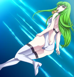 Rule 34 | 00s, 1girl, ass, butt crack, c.c., code geass, dimples of venus, food, long hair, mouth hold, namekuji, pizza, solo, thighhighs, very long hair