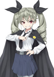 Rule 34 | 1girl, absurdres, anchovy (girls und panzer), anzio school uniform, bad id, bad pixiv id, belt, black belt, black cape, black necktie, black ribbon, black skirt, cape, commentary, cowboy shot, dress shirt, drill hair, girls und panzer, gogongzid, green hair, grin, hair ribbon, hand on own hip, highres, holding, long hair, long sleeves, looking at viewer, miniskirt, necktie, pantyhose, pleated skirt, red eyes, ribbon, riding crop, school uniform, shirt, simple background, skirt, smile, smirk, smug, solo, standing, twin drills, twintails, v-shaped eyebrows, white background, white pantyhose, white shirt, wing collar