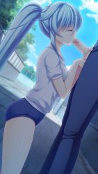 Rule 34 | 1girl, applique (company), asami asami, azurite, blue hair, blush, caressing testicles, censored, closed eyes, game cg, gym uniform, highres, long hair, penis, ponytail, re:birth colony, testicles