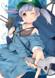 Rule 34 | 1girl, ;q, backpack, bag, blue shirt, blue skirt, blunt bangs, blush, collarbone, collared shirt, commentary request, cosplay, flat cap, flat chest, green hat, green ribbon, grey tank top, hair ribbon, hat, highres, holding, holding wrench, kantai collection, kawashiro nitori, kawashiro nitori (cosplay), key, long sleeves, looking at viewer, off-shoulder shirt, off shoulder, one eye closed, ooshio (kancolle), pocket, purple eyes, purple hair, ribbon, shirt, short hair, short twintails, sidelocks, single bare shoulder, skirt, skirt set, smile, solo, standing, tank top, tongue, tongue out, touhou, turret, twintails, water drop, white background, wrench, yasume yukito