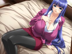 Rule 34 | 1girl, blazer, blue eyes, blue hair, breasts, business suit, cleavage, formal, fuutou shizune, game cg, huge breasts, ino (magloid), jacket, long hair, matching hair/eyes, miniskirt, oshioki sweetie, pantyhose, pencil skirt, sitting, skirt, skirt suit, solo, suit