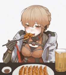 1girl beer_mug blonde_hair blush breasts coat cup eating facing_viewer food_in_mouth girls&#039;_frontline_2:_exilium groza_(girls&#039;_frontline_2) hair_between_eyes half-closed_eyes hand_up highres jacket long_hair looking_at_food medium_breasts mug open_clothes open_jacket partially_unzipped shironism sitting solo upper_body white_coat yellow_eyes