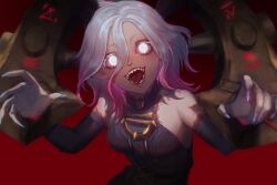 Rule 34 | 1girl, :d, blue nails, briar (league of legends), colored sclera, detached sleeves, eyelashes, fingernails, glowing, glowing eyes, grey hair, hair between eyes, league of legends, long hair, looking at viewer, multicolored hair, nail polish, no pupils, nyaamen fork, open mouth, pink hair, pointy ears, red background, red sclera, sharp fingernails, sharp teeth, sidelocks, smile, solo, streaked hair, teeth, tongue, tongue out, two-tone hair, upper body, vampire, white eyes, wrist cuffs