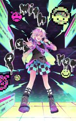 Rule 34 | 175x172nyrn, 1boy, androgynous, bob cut, boots, english text, artistic error, from argonavis, full body, glitch, highres, hood, hooded jacket, jacket, male focus, microphone, outstretched arm, outstretched hand, pink hair, pixelated, short hair, shorts, solo, ujigawa shuu