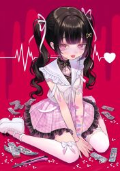 Rule 34 | 1girl, bandaid, bandaid on arm, birthmark, black hair, blunt bangs, bow, boxcutter, bracelet, breasts, cleavage cutout, clothing cutout, collared shirt, commentary request, commission, frilled shirt collar, frilled skirt, frills, hair ribbon, heart, highres, hime cut, himemiya rie, jewelry, jirai kei, long hair, looking at viewer, medicine, multicolored hair, nelta rene, phase connect, pill, pink eyes, pink hair, pink skirt, plaid, plaid skirt, red background, ribbon, ringed eyes, shirt, shoes, sitting, skeb commission, skirt, sleeveless, sleeveless shirt, small breasts, solo, streaked hair, sweat, thighhighs, tongue, tongue out, twintails, twitter username, virtual youtuber, wariza, white bow, white footwear, white ribbon, white shirt, white thighhighs, yami kawaii
