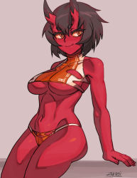 Rule 34 | 1girl, arm support, black hair, bra, breasts, brown hair, closed mouth, colored skin, fingernails, grey background, horns, kidouko (zakusi), large breasts, looking at viewer, navel, oni, oni horns, orange bra, orange eyes, orange panties, original, panties, red oni, red skin, revision, short hair, signature, simple background, sitting, smile, solo, sports bra, toned, underboob, underwear, zakusi