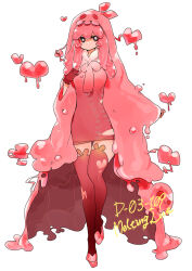 Rule 34 | 1girl, absurdres, black eyes, breasts, character name, closed mouth, dress, gloves, hamelon310, heart, highres, jacket, large breasts, liquid clothes, liquid hair, lobotomy corporation, melting love, personification, pink dress, pink hair, pink jacket, pink theme, pink thighhighs, project moon, red gloves, slime (substance), solo, thighhighs