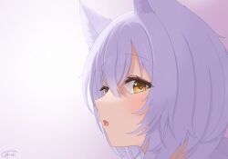 1girl animal_ears arknights brown_eyes chiaki_koizumi commentary_request from_side grey_background grey_hair highres looking_at_viewer open_mouth portrait provence_(arknights) short_hair signature simple_background solo