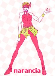Rule 34 | 1boy, bare shoulders, belt, character name, demon (02030108), full body, hair ornament, headband, jojo no kimyou na bouken, limited palette, looking at viewer, male focus, narancia ghirga, open mouth, pink eyes, pink hair, short hair, solo, text focus
