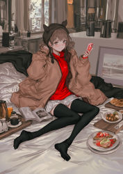 Rule 34 | 1girl, absurdres, apartment, barefoot, bed, bed sheet, bedroom, black thighhighs, blanket, blush, brown coat, brown eyes, brown hair, cellphone, cityscape, coat, coffee pot, counter, food, highres, holding, holding phone, indoors, knit hat, lm7 (op-center), long hair, magazine (object), on bed, open clothes, open coat, original, phone, picture frame, red shirt, shirt, sitting, skirt, smile, solo, thighhighs, white skirt, window