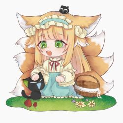 Rule 34 | 1girl, absurdres, animal ear fluff, animal ears, arknights, basket, black cat, blonde hair, blue hairband, blue skirt, blunt bangs, cardigan, cat, chibi, chinese commentary, commentary, creature on head, crossover, fox ears, fox girl, fox tail, frilled hairband, frills, green eyes, hair ornament, hair scrunchie, hairband, heixiu, high-waist skirt, highres, keiii, kitsune, kyuubi, long sleeves, luo xiaohei, luo xiaohei zhanji, multicolored hair, multiple tails, neck ribbon, official alternate costume, on head, open cardigan, open clothes, open mouth, puffy long sleeves, puffy sleeves, red ribbon, ribbon, scrunchie, seiza, shirt, sitting, skirt, suzuran (arknights), suzuran (spring praise) (arknights), tail, teeth, two-tone hair, upper teeth only, white hair, yellow cardigan, yellow shirt