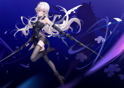 Rule 34 | 1girl, absurdres, bare shoulders, black dress, black footwear, black gloves, black thighhighs, boots, breasts, chinese commentary, closed mouth, commentary, commission, covered navel, dress, dual wielding, elbow gloves, fingerless gloves, full body, gloves, grey eyes, highres, holding, holding sword, holding weapon, knee up, long hair, looking at viewer, luozhou pile, original, pixiv commission, small breasts, smile, solo, sword, thighhighs, weapon, white hair, zettai ryouiki