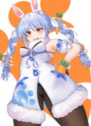 Rule 34 | 1girl, absurdres, animal ear fluff, animal ears, blue hair, bow, braid, brown eyes, brown pantyhose, carrot, carrot print, cowboy shot, don-chan (usada pekora), dress, food print, from below, fur-trimmed dress, fur trim, hair bow, hand on own hip, highres, hitagi otonashi, hololive, leotard, leotard under clothes, looking at viewer, open mouth, pantyhose, pom pom (clothes), rabbit ears, rabbit girl, solo, thighs, twin braids, twintails, usada pekora, usada pekora (1st costume), virtual youtuber, white background, white bow, white dress