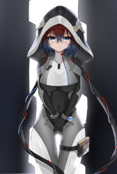 Rule 34 | 1girl, absurdres, bodysuit, breasts, collar, covered navel, dai mao xuan yi, flash drive, heterochromia, highres, hood, jewelry, looking at viewer, lyra (tower of fantasy), medium breasts, multicolored hair, necklace, own hands clasped, own hands together, simple background, skin tight, smile, solo, standing, thighlet, tower of fantasy