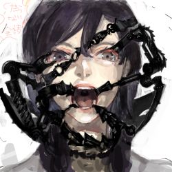 Rule 34 | 1boy, androgynous, bad drawr id, bad id, brown eyes, clamps, device, drawr, expressionless, eyelashes, heterochromia, horror (theme), lips, looking at viewer, male focus, nishihara isao, oekaki, open mouth, original, purple eyes, purple hair, solo, teeth, tongue