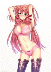 Rule 34 | 10s, 1girl, adjusting hair, akashi (kancolle), arms up, blush, bow, bow panties, bra, breasts, cleavage, contrapposto, green eyes, hair ribbon, ichiban renga, kantai collection, large breasts, long hair, navel, panties, pink bra, pink hair, pink panties, ribbon, ribbon-trimmed legwear, ribbon trim, simple background, solo, standing, thighhighs, underwear, underwear only, wavy mouth