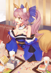 Rule 34 | + +, 10s, 1girl, :d, animal ears, arm support, bare shoulders, bendy straw, blue kimono, blue ribbon, breasts, cleavage, collarbone, commentary request, couch, cup, detached collar, detached sleeves, disposable cup, drinking straw, fang, fate/extra, fate (series), food, fox ears, fox girl, fox tail, french fries, hair ribbon, highres, indoors, japanese clothes, kimono, large breasts, liu lan, long hair, long sleeves, looking to the side, mcdonald&#039;s, off shoulder, open mouth, pink hair, ponytail, ribbon, short kimono, sidelocks, smile, solo, standing, striped, tail, tamamo (fate), tamamo no mae (fate/extra), vertical stripes, wide sleeves, window, yellow eyes