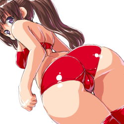 Rule 34 | 1girl, ass, ass focus, back, bad id, bad pixiv id, bare shoulders, brown hair, cameltoe, cleft of venus, dd (ijigendd), huge ass, long hair, looking back, original, ponytail, purple eyes, red thighhighs, simple background, solo, thighhighs, trefoil, white background