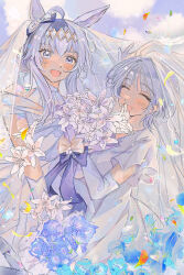 Rule 34 | 2girls, ahoge, animal ears, blue eyes, blush, book, bouquet, bow, bridal veil, bride, cherrydeswa, closed eyes, commentary request, dress, ear bow, elbow gloves, falling petals, female focus, female trainer (umamusume), flower, gloves, grey hair, highres, holding, holding book, holding bouquet, horse ears, horse girl, lily (flower), long hair, multiple girls, oguri cap (umamusume), open mouth, petals, smile, trainer (umamusume), twitter username, umamusume, veil, wedding dress, white flower, wife and wife, yuri
