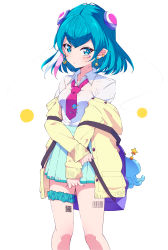 Rule 34 | 1girl, absurdres, backpack, bag, barcode, barcode tattoo, blue eyes, blue hair, closed mouth, commentary request, ear piercing, earrings, expressionless, facial mark, green scrunchie, green skirt, gyaru, hagoromo lala, hair between eyes, hair ornament, high-waist skirt, highres, holding own arm, ichijo rei, jacket, jewelry, kogal, long sleeves, looking at viewer, loose necktie, medium hair, multicolored hair, nail polish, necktie, off shoulder, open clothes, open jacket, piercing, pink nails, pink necktie, pleated skirt, pointy ears, precure, qr code, safety pin, scrunchie, shirt, simple background, skirt, sleeves past wrists, solo, standing, star-shaped pupils, star (symbol), star earrings, star facial mark, star twinkle precure, streaked hair, stuffed animal, stuffed toy, symbol-shaped pupils, tattoo, thigh scrunchie, white background, white shirt, wing collar, yellow jacket