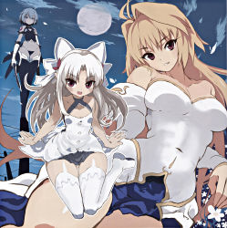 Rule 34 | 00s, 3girls, absurdres, ahoge, archetype earth, arcueid brunestud, bandages, bare shoulders, black panties, blonde hair, blue eyes, blue hair, blue legwear, blush, boots, bow, bow panties, breasts, cleavage, curvy, detached sleeves, dress, dual wielding, fang, fate/apocrypha, fate (series), female focus, flat chest, full moon, grin, hair bow, hair intakes, halterneck, happy, highleg, highleg panties, highres, holding, jack the ripper (fate/apocrypha), large breasts, long hair, looking at viewer, melty blood, miniskirt, moon, multiple girls, no bra, open mouth, outdoors, panties, pointy ears, red eyes, sanada taketo, scan, shiny skin, short hair, skirt, sky, smile, string panties, tattoo, thigh boots, thighhighs, thong, tsukihime, type-moon, underwear, white hair, white legwear, white len (tsukihime)