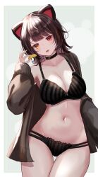 Rule 34 | 1girl, absurdres, animal ears, black bra, black collar, black panties, bow, bow bra, bra, breasts, brown hair, cardigan, collar, dog ears, dog girl, food, fruit, heterochromia, highres, holding, holding food, holding fruit, inui toko, lace, lace-trimmed bra, lace-trimmed panties, lace trim, large breasts, leaning to the side, lingerie, long hair, long sleeves, looking at viewer, multi-strapped panties, navel, nijisanji, open cardigan, open clothes, panties, parted lips, red eyes, simple background, solo, stomach, striped bra, striped clothes, striped panties, takoyaki ki, thigh gap, thighs, underwear, vertical-striped bra, vertical-striped clothes, vertical-striped panties, virtual youtuber, white background, yellow eyes