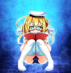 Rule 34 | 10s, 1girl, ahoge, blonde hair, blue eyes, book, bow, c:, cameltoe, glasses, gradient background, hair bow, hair ribbon, hat, holding, i-8 (kancolle), kantai collection, long hair, looking at viewer, peaked cap, ribbon, school swimsuit, sitting, smile, solo, swimsuit, thighhighs, tk8d32, twintails, white thighhighs